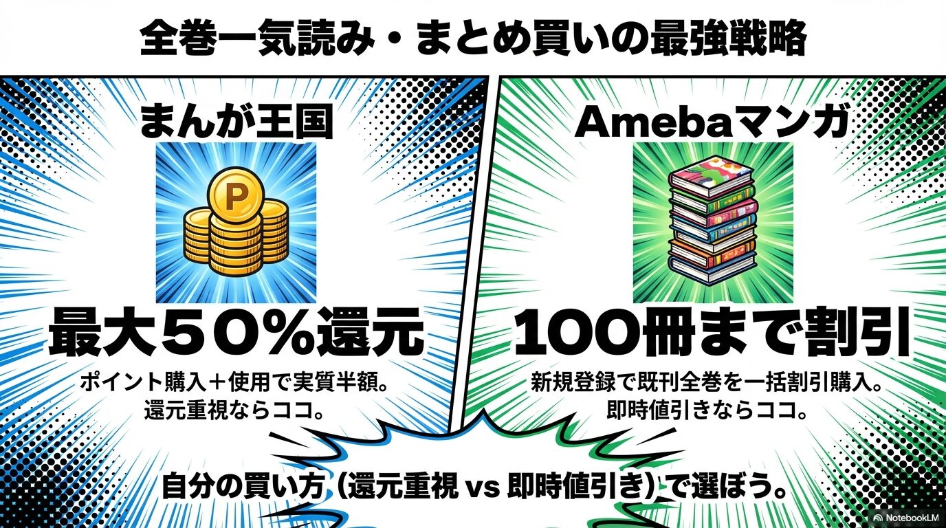 まんが王国の最大50%還元(還元重視)とAmebaマンガの100冊まで割引(即時値引き)を買い方に合わせて選ぶよう勧めるスライド