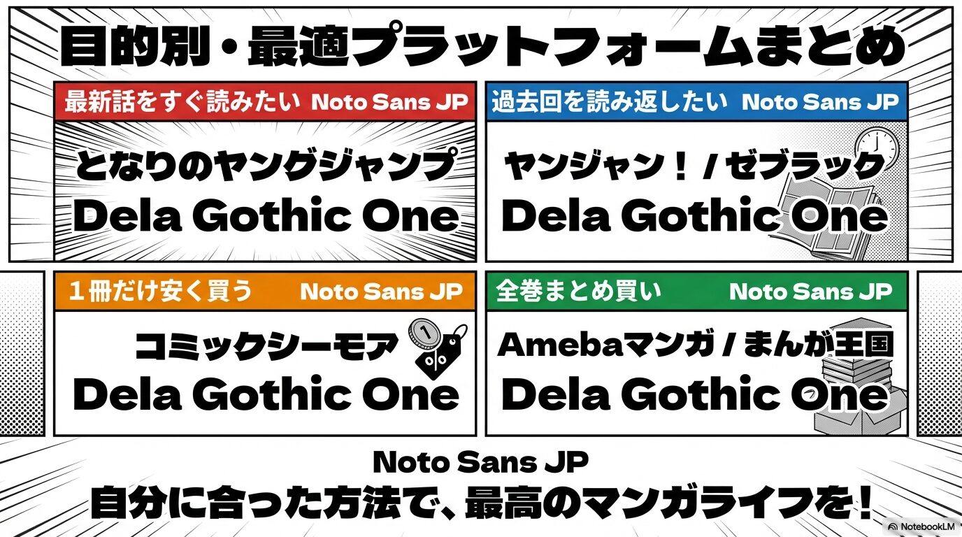 最新話なら「となジャン」、過去回なら「アプリ」、1冊なら「シーモア」、まとめ買いなら「Ameba/まんが王国」と目的別に分類したまとめスライド