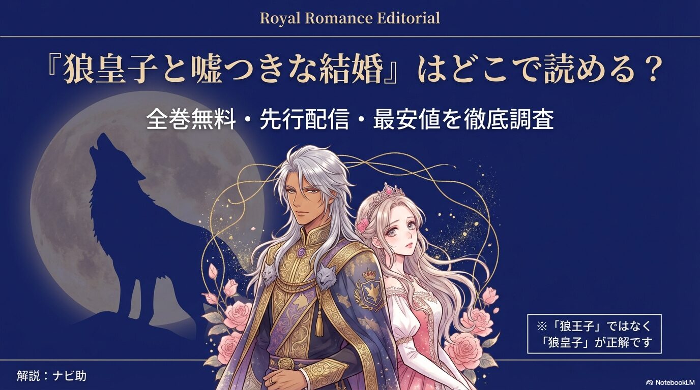 漫画「狼皇子と嘘つきな結婚」がどこで読めるか全巻無料や先行配信、最安値を徹底調査した解説スライドの表紙。