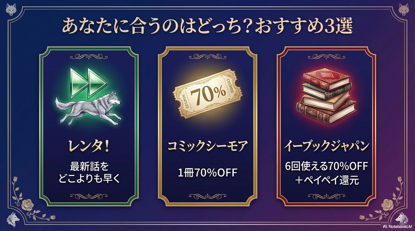 Renta!、コミックシーモア、ebookjapanの各サイトの強み(先行配信や70%OFFクーポン)を比較したリスト。