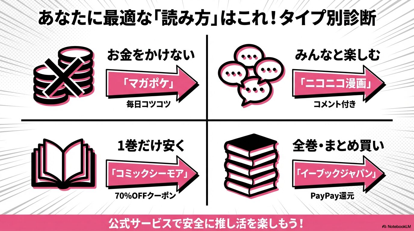 教え子くんとはデキませんをどこで読むべきかの診断チャート。マガポケ、ニコニコ漫画、コミックシーモア、イーブックジャパンから自分に合うサイトを選ぶまとめ表。