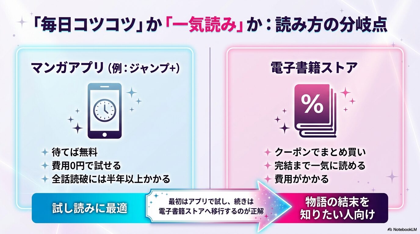 「待てば無料」のマンガアプリと「クーポンでまとめ買い」の電子書籍ストアのメリット・デメリット比較。