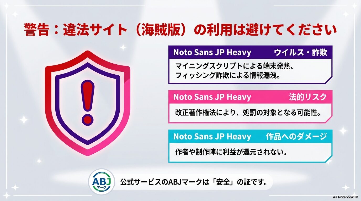 違法サイト利用によるウイルス・詐欺、法的リスク、作品へのダメージを解説。安全なABJマークの紹介。