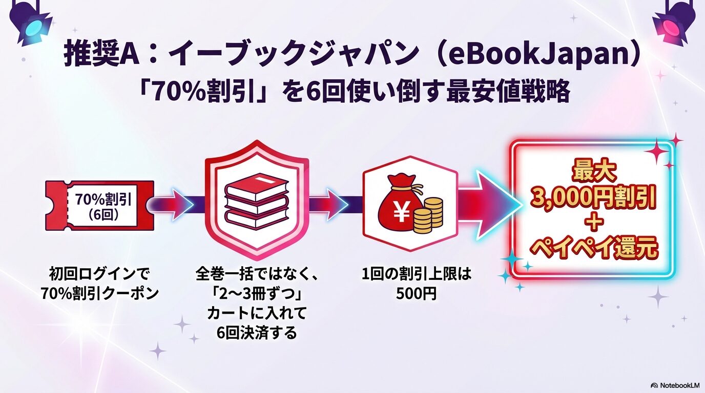 eBookJapanの初回70%OFFクーポンを6回小分けにして使い、最大3,000円割引を受ける戦略の図解。