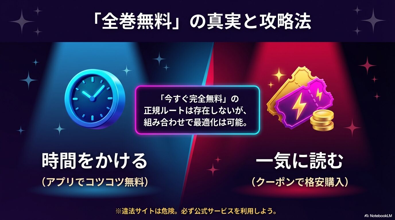 推しの子を全巻無料で読むための攻略法。アプリで時間をかけて読む方法とクーポンで一気に読む方法の比較。違法サイトへの注意喚起。