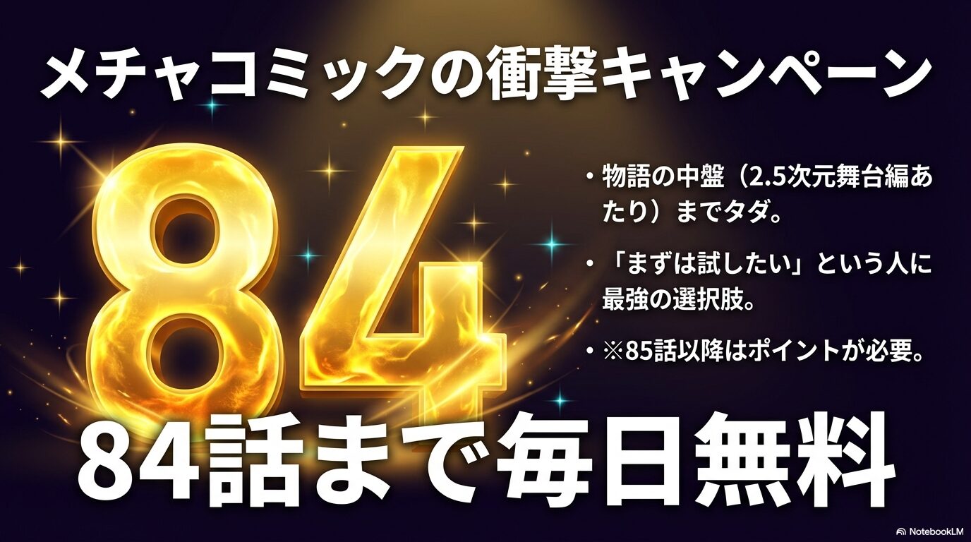 メチャコミックで推しの子が84話まで毎日無料になるキャンペーンの解説。物語の中盤まで無料で読めるメリットを紹介。