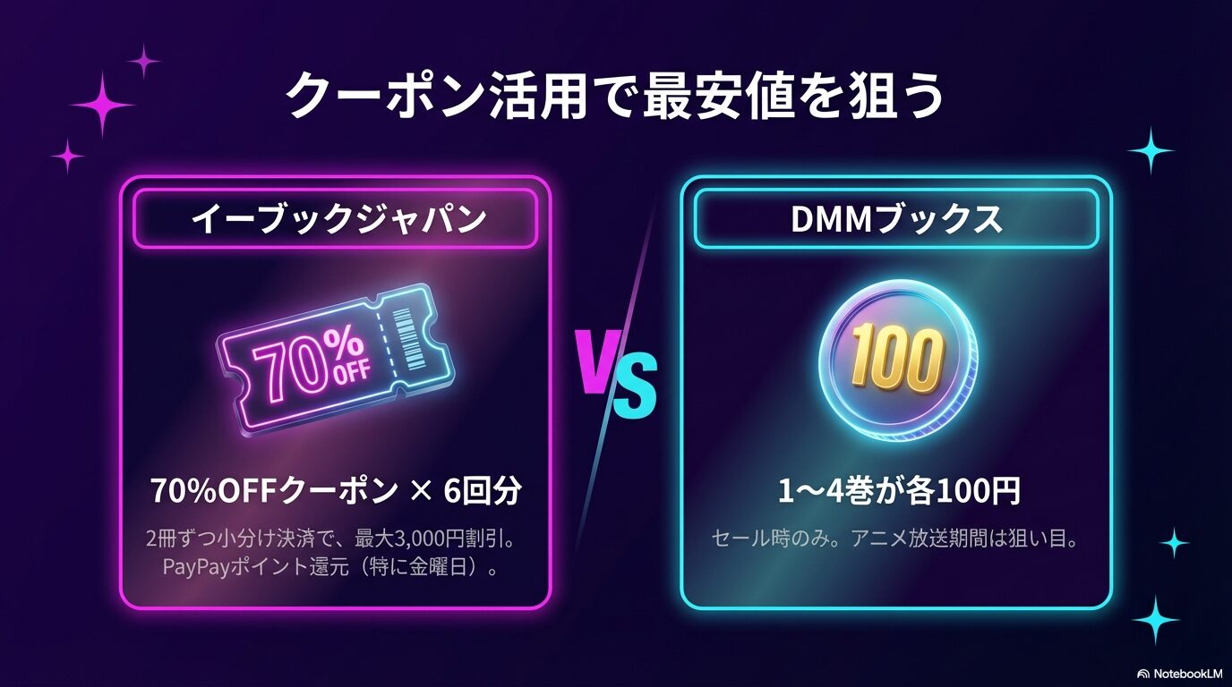 ebookjapanの70%OFFクーポンとDMMブックスの1〜4巻100円セールを比較したスライド。PayPayポイント還元についても記載。