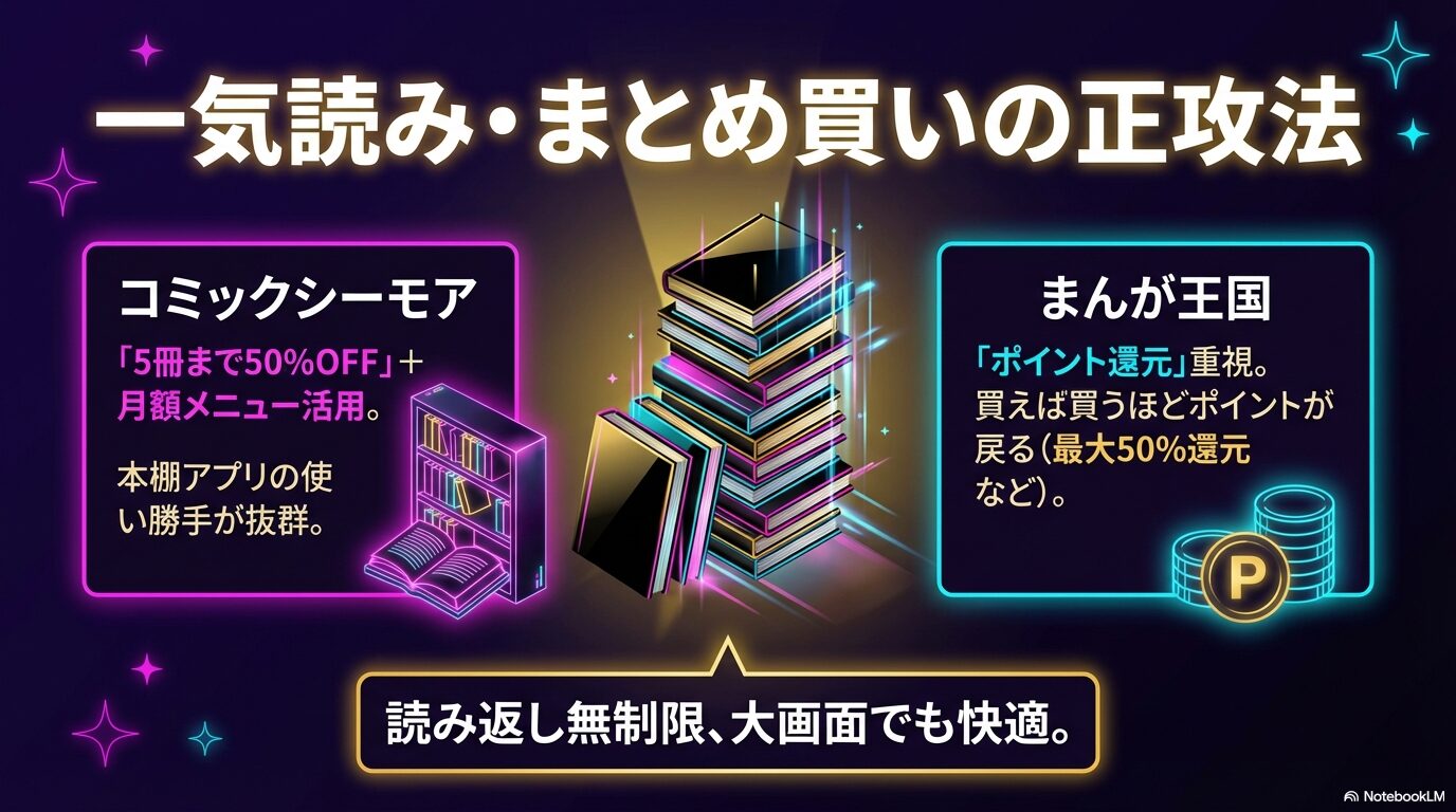 コミックシーモアの5冊半額クーポンと、まんが王国の最大50%ポイント還元の仕組みを解説したスライド。