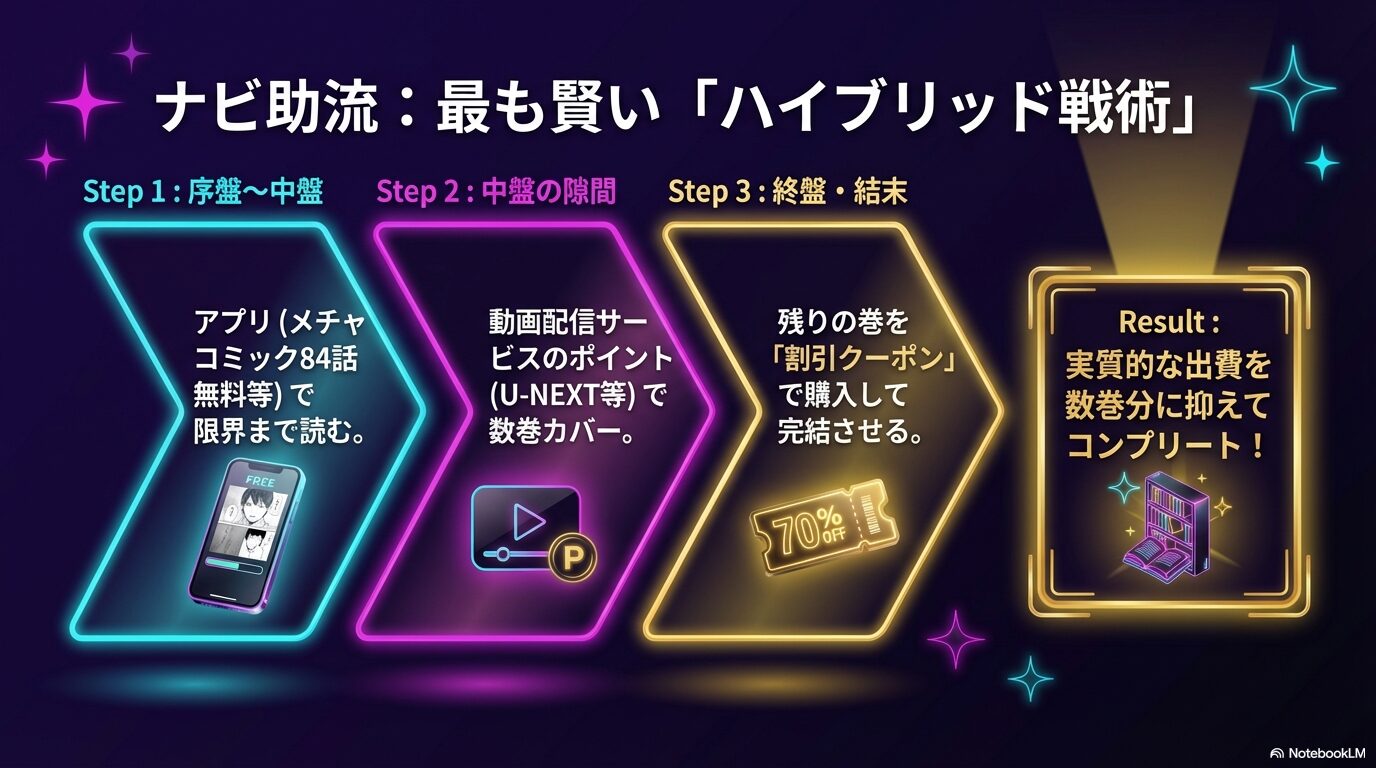 アプリの無料枠、動画配信サービスのポイント、割引クーポンを組み合わせた推しの子全巻読破の3ステップ戦術。