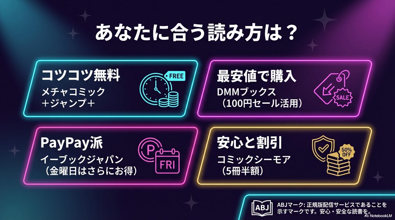目的別に最適な推しの子の読み方をまとめたスライド。コツコツ無料派、最安値購入派、PayPay派などの診断チャート。