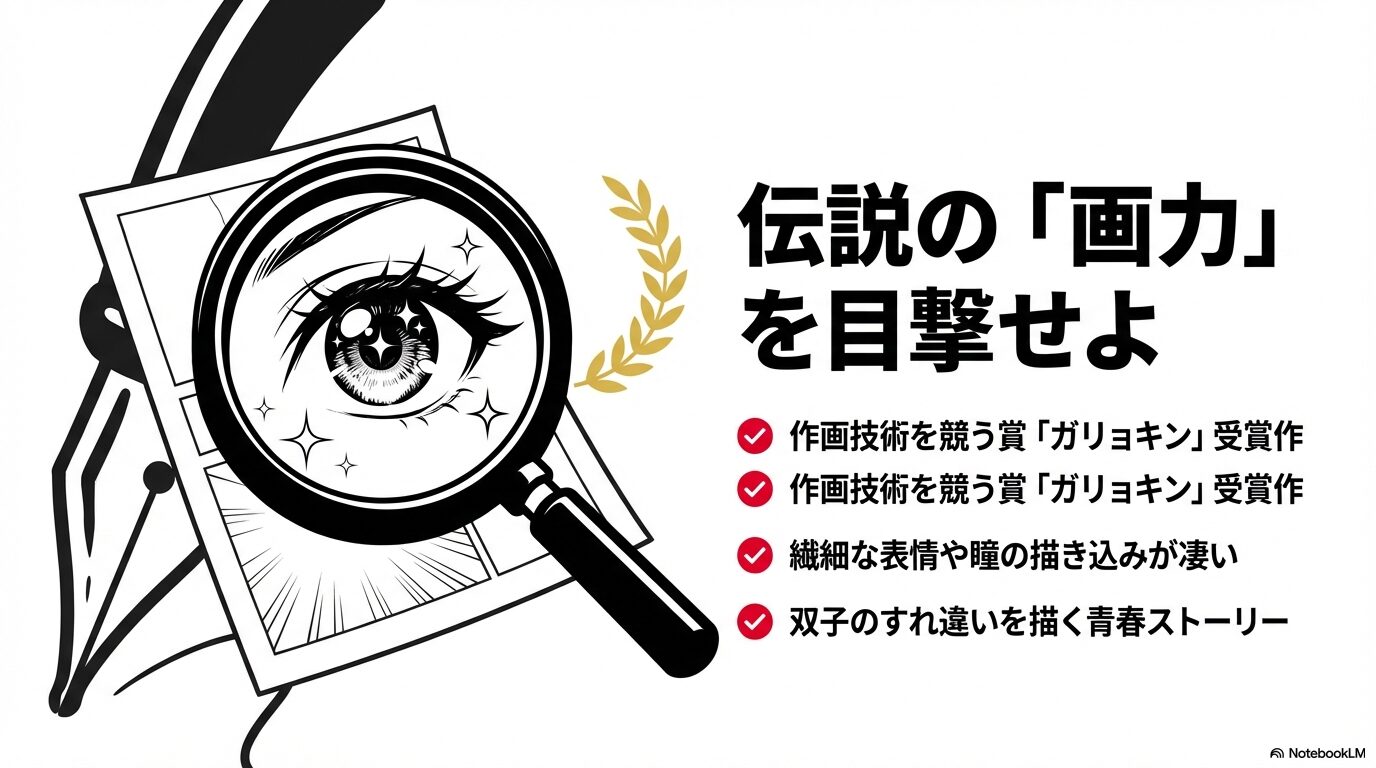 『パラソル同盟』がガリョキン受賞作であり圧倒的な画力であることを紹介するスライド