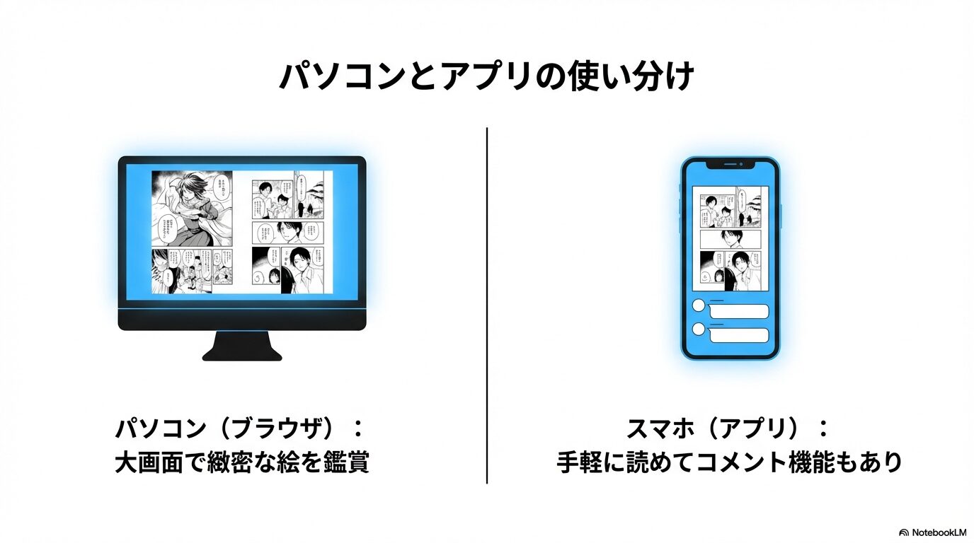少年ジャンプ+のパソコン(ブラウザ版)とスマホ(アプリ版)の使い分け解説スライド