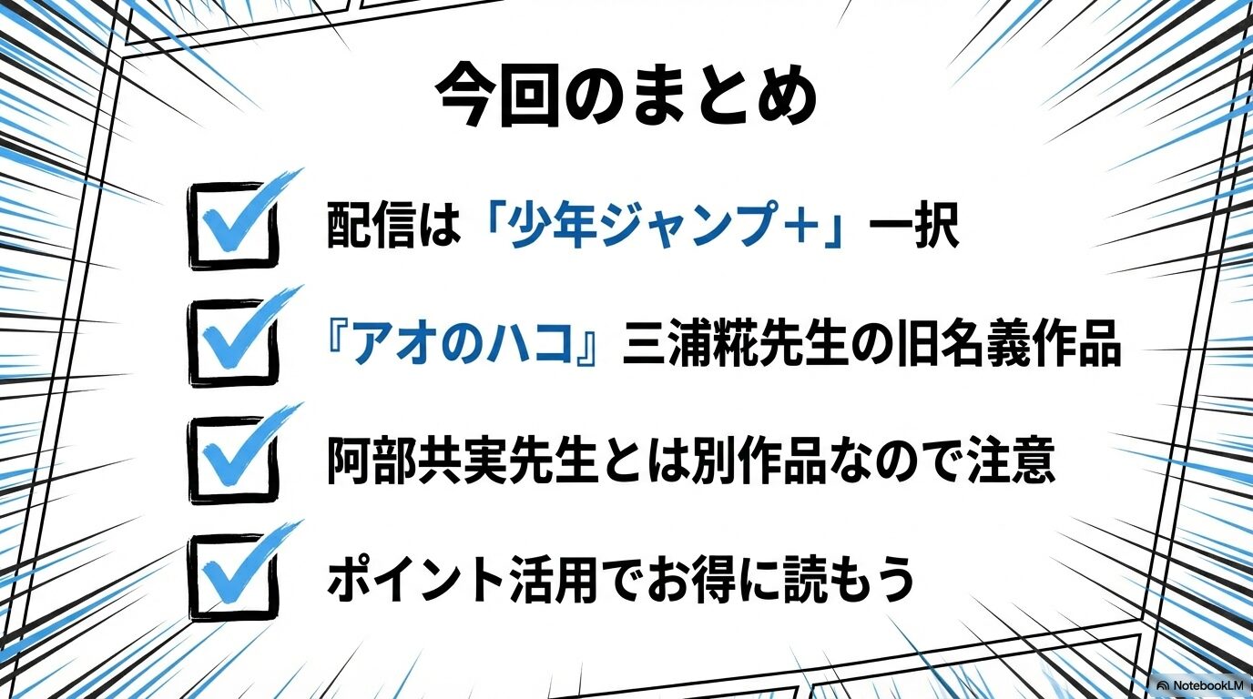 記事の要点をまとめた、配信サイトや作者、注意点についての総括スライド