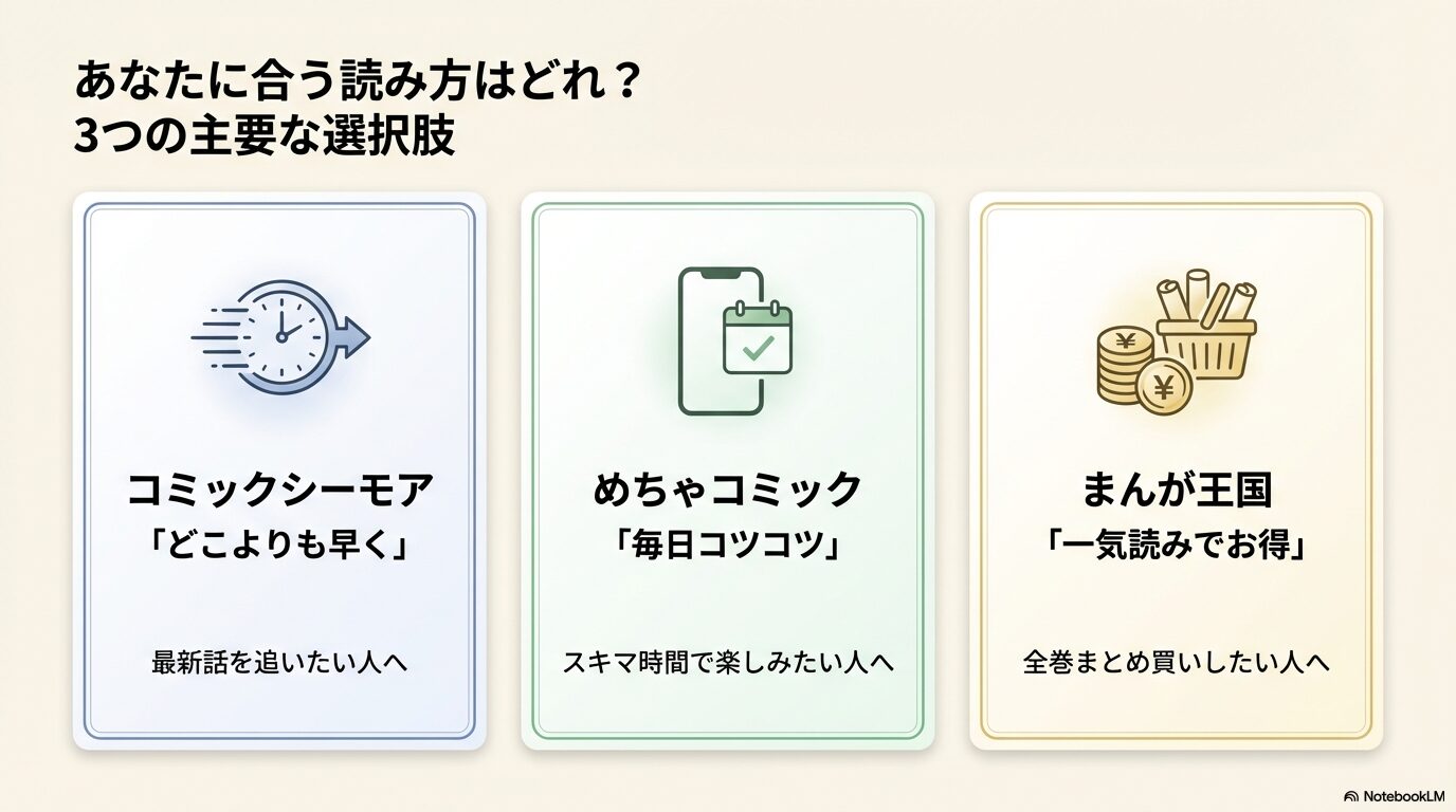ピーチソルベを読むための主要3サイト(コミックシーモア、めちゃコミック、まんが王国)の比較スライド