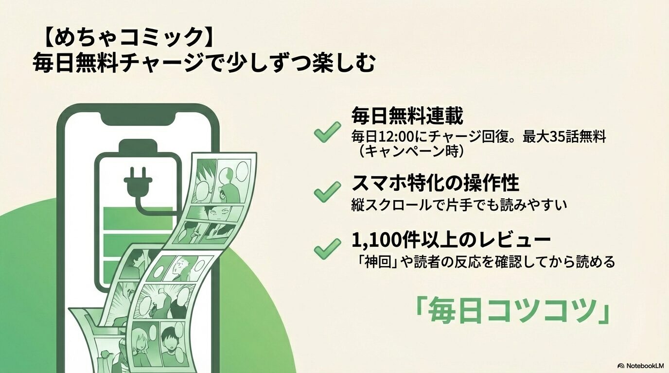 めちゃコミックの毎日無料チャージ、縦スクロールの操作性、1100件以上のレビューを紹介するスライド