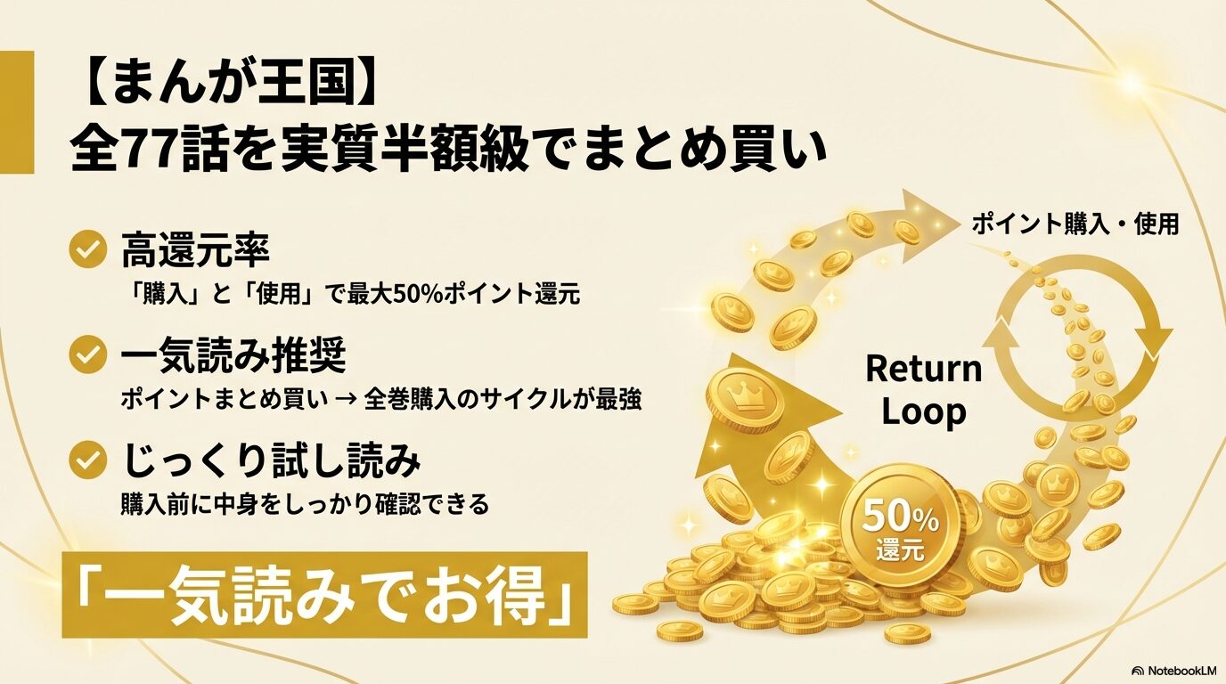 まんが王国の最大50%ポイント還元、一気読み推奨、じっくり試し読み機能を紹介するスライド