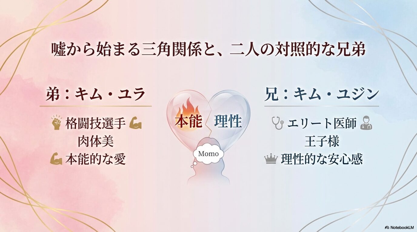 弟キム・ユラ(本能的な愛)と兄キム・ユジン(理性的な安心感)の対比を紹介するスライド