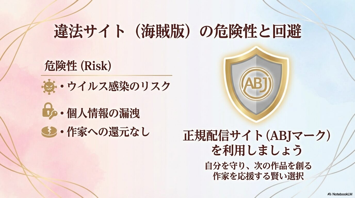ウイルス感染や個人情報漏洩のリスクを警告し、正規配信サイト(ABJマーク)の利用を促すスライド