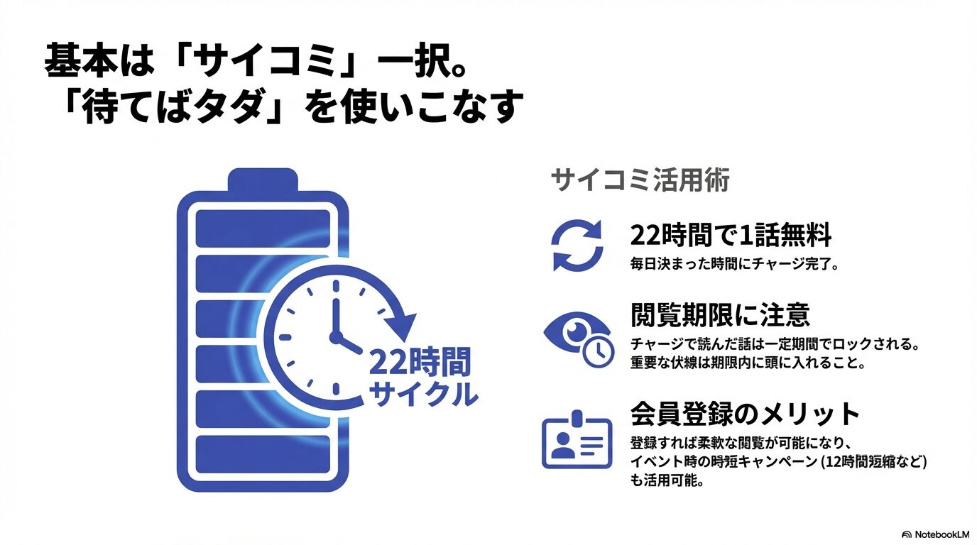 サイコミの「待てばタダ!」システムの図解。22時間サイクルで1話無料になる仕組みと、閲覧期限や会員登録のメリットについての解説。