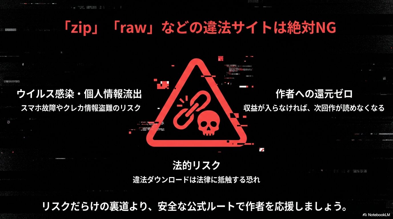 違法ダウンロードサイトの危険性(ウイルス感染、作者への還元ゼロ、法的リスク)を説明し、公式ルートの利用を促すスライド。