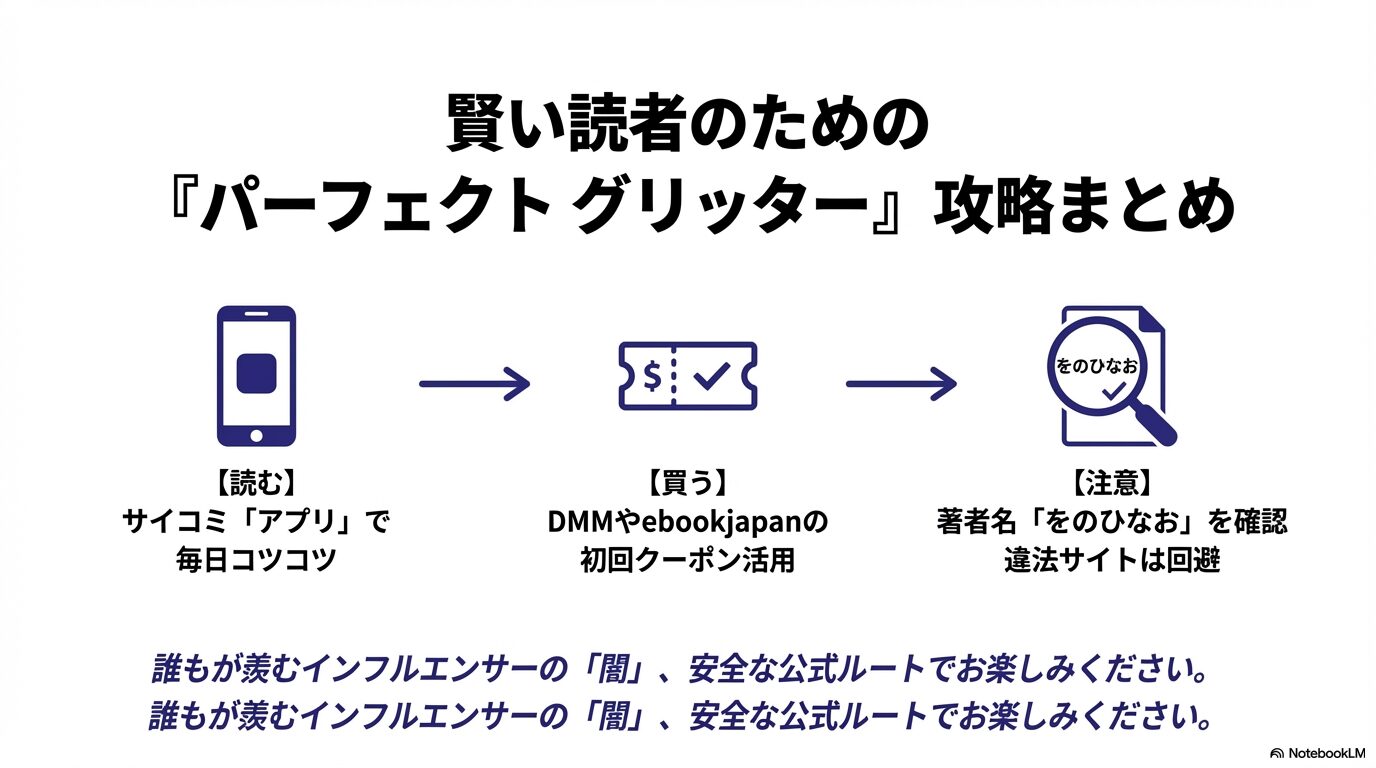 賢い読者のためのまとめ。サイコミアプリでコツコツ読み、初回クーポンで買い、著者名を確認するという攻略ポイントの総括。