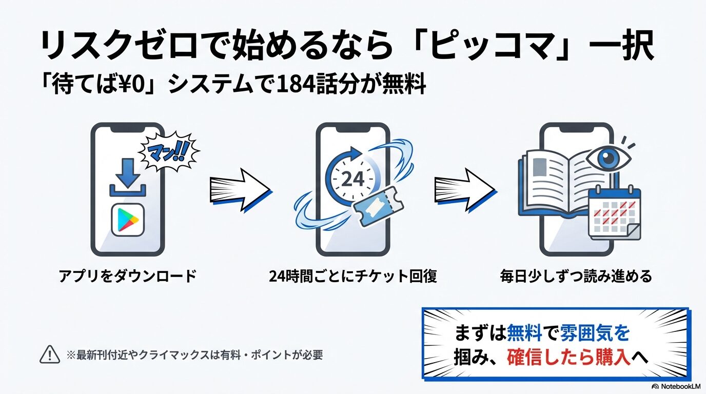 ピッコマの「待てば¥0」システムを利用してプランダラを184話分無料で読み進める方法を解説した図解。