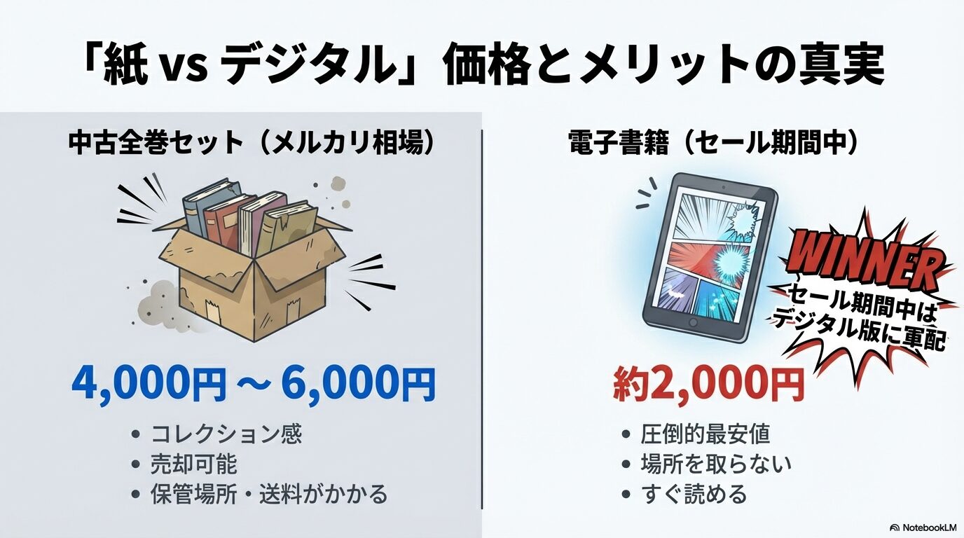 メルカリの中古全巻セット相場(4,000〜6,000円)と、セール中のデジタル版(約2,000円)のメリット・デメリット比較表。