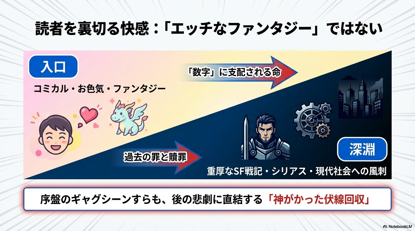 コミカルな入口から、数字に支配される命や重厚なSF戦記へと深まる作品の魅力を解説した図解。