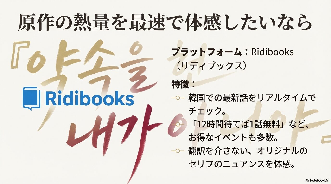 韓国の電子書籍サイトRidibooks(リディブックス)で最新話を最速かつお得にチェックする方法をまとめたスライド