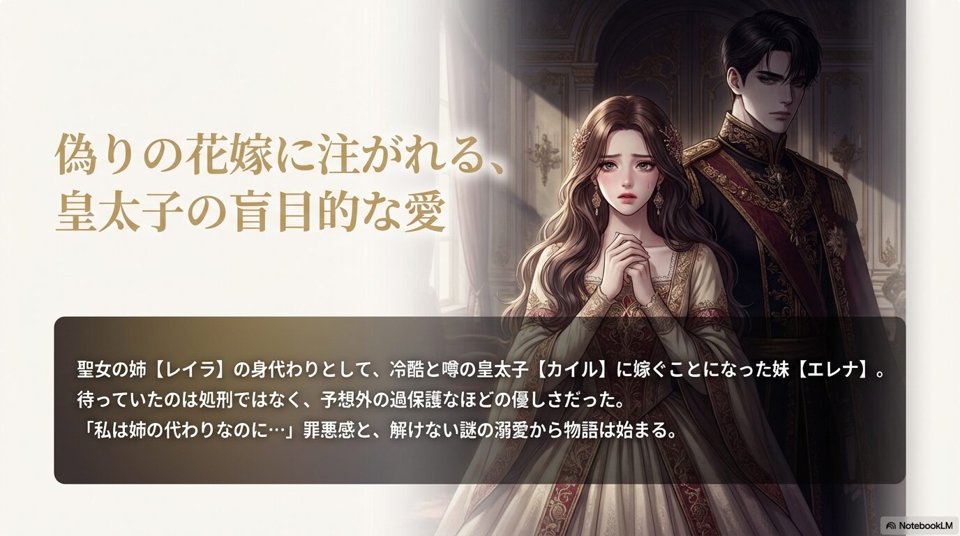 聖女の姉レイラの身代わりとして皇太子カイルに嫁いだエレナの過保護な愛を描いたストーリー紹介スライド