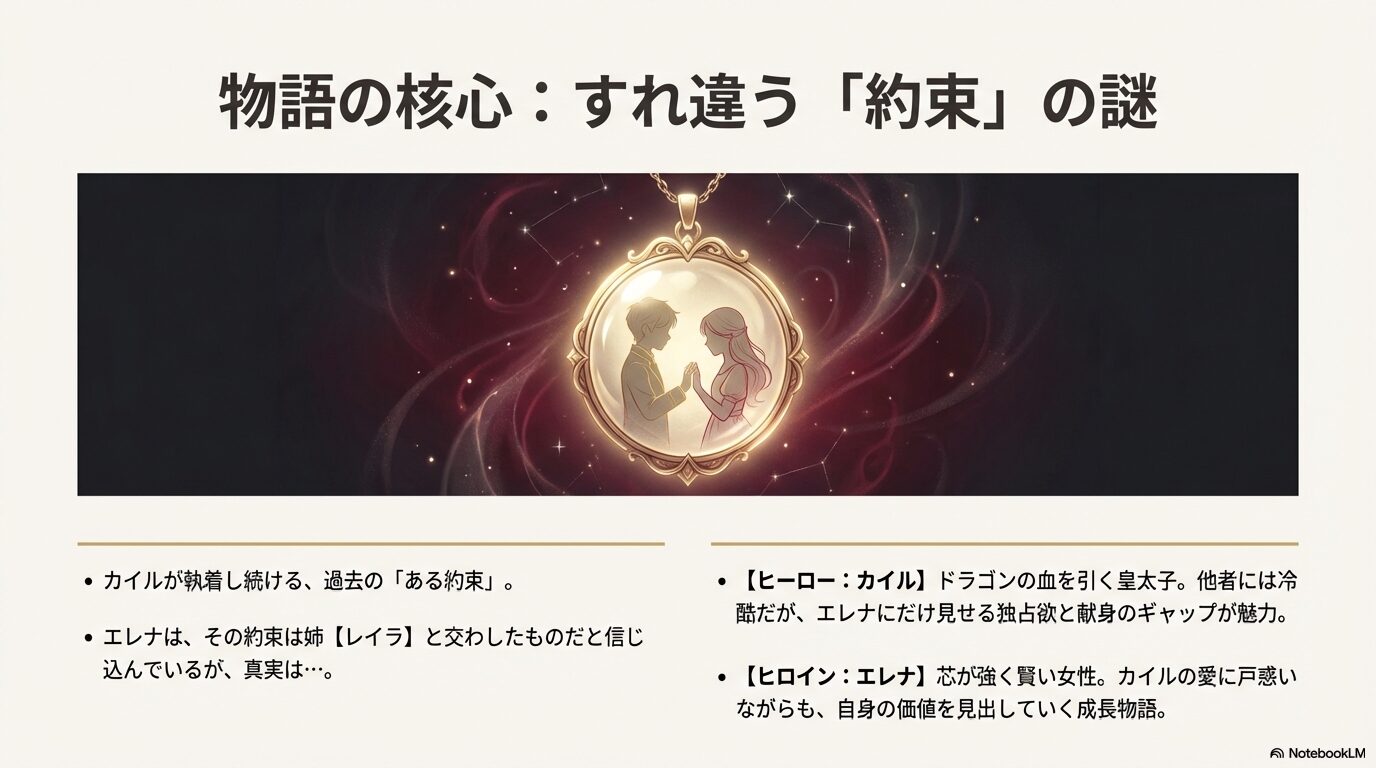 ドラゴンの血を引くカイルと芯の強いエレナの紹介、および物語の謎である「約束」の核心に迫る解説スライド