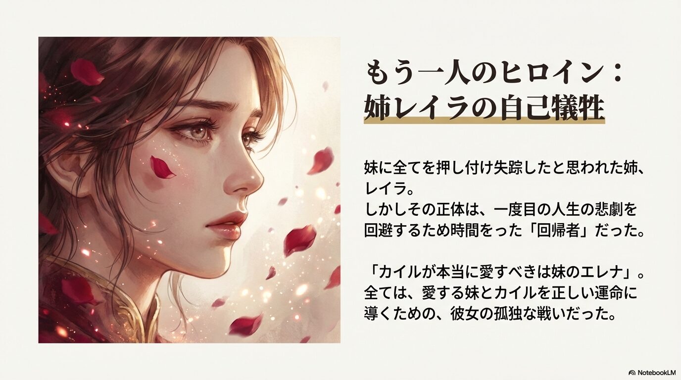 姉レイラが実は「回帰者」であり、妹エレナのために孤独な戦いを続けていた真相を明かすネタバレ解説スライド
