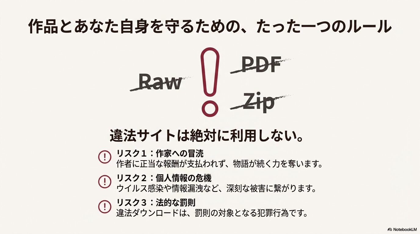 Raw、PDF、Zip等の違法サイト利用による作家への冒涜、ウイルス感染、法的罰則のリスクを警告するスライド ※記事の流れに合わせ、スライド8枚目よりも先にこちらを配置するのが効果的です。