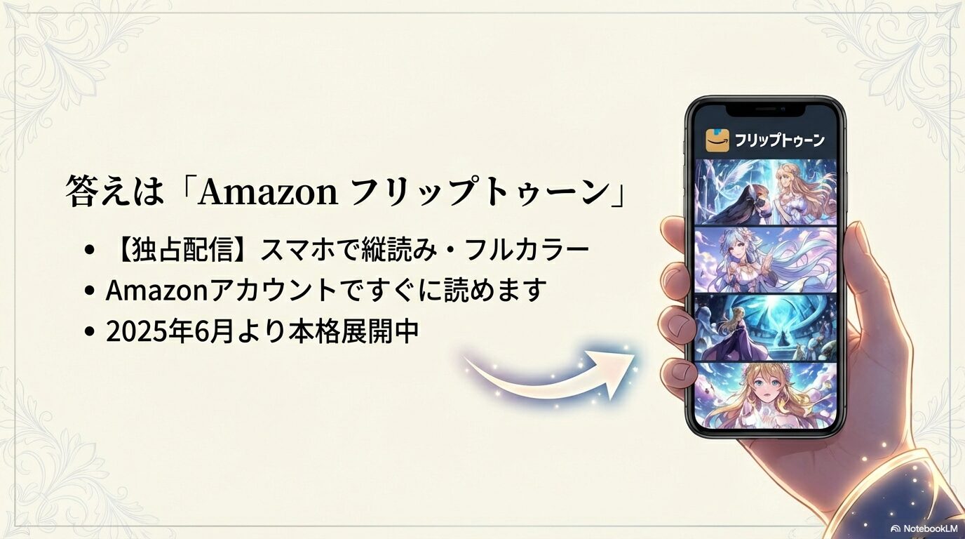 スマートフォンの画面に映るAmazonフリップトゥーンの縦読みフルカラーマンガの閲覧イメージ。