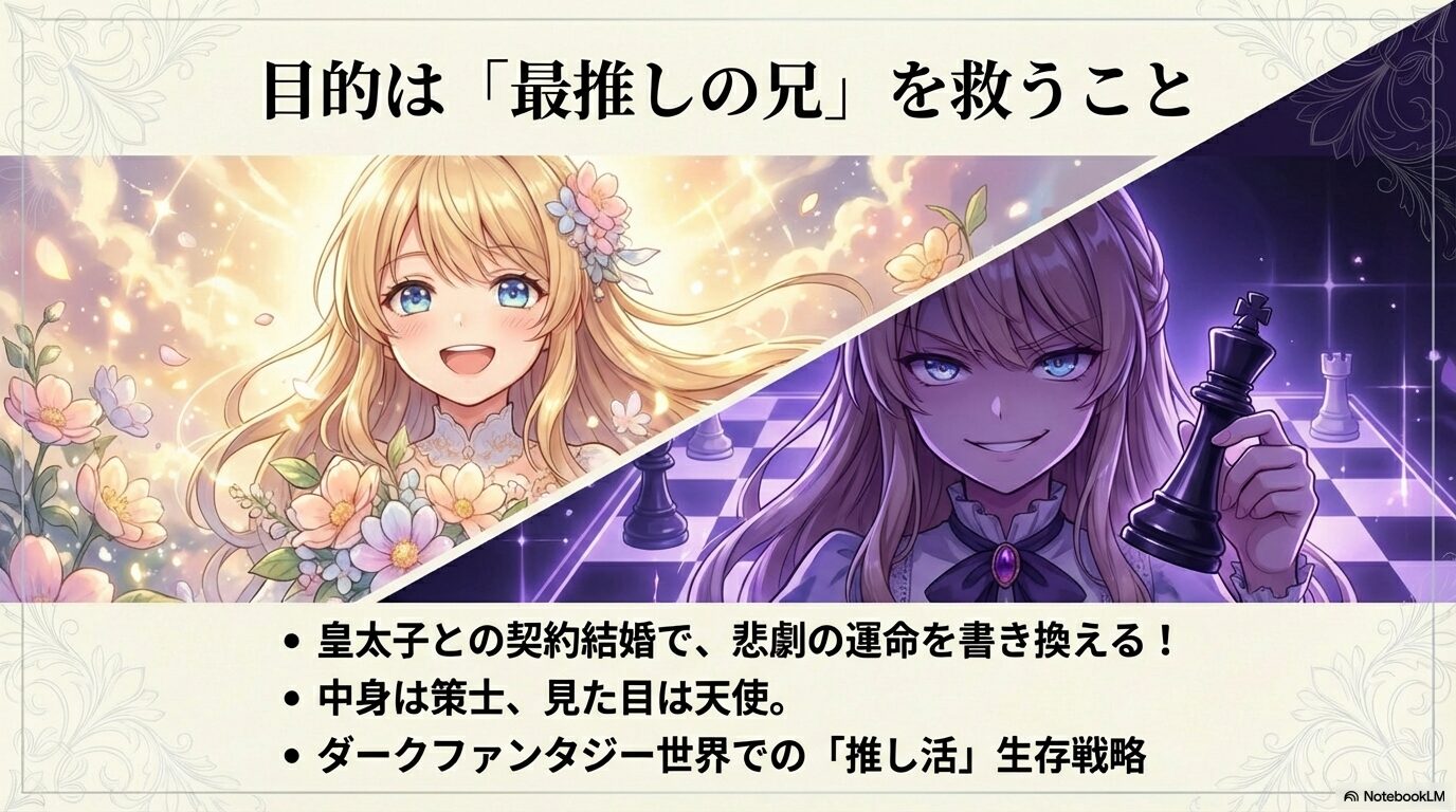 天使のような見た目と策士の中身を持つ主人公が、悲劇の運命を書き換える物語のコンセプト画像。