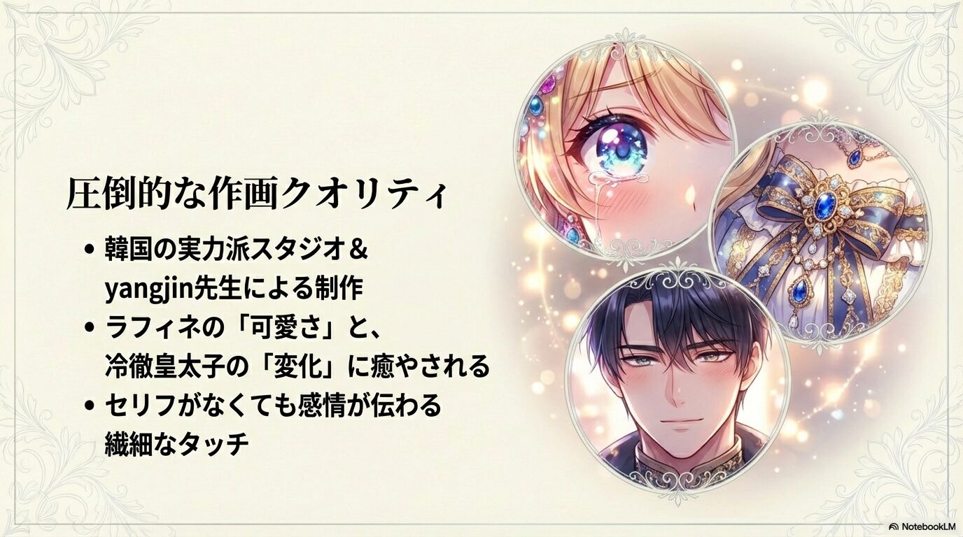 yangjin先生による繊細なタッチと、ラフィネの可愛さ、冷徹皇太子の変化を強調したビジュアル紹介。