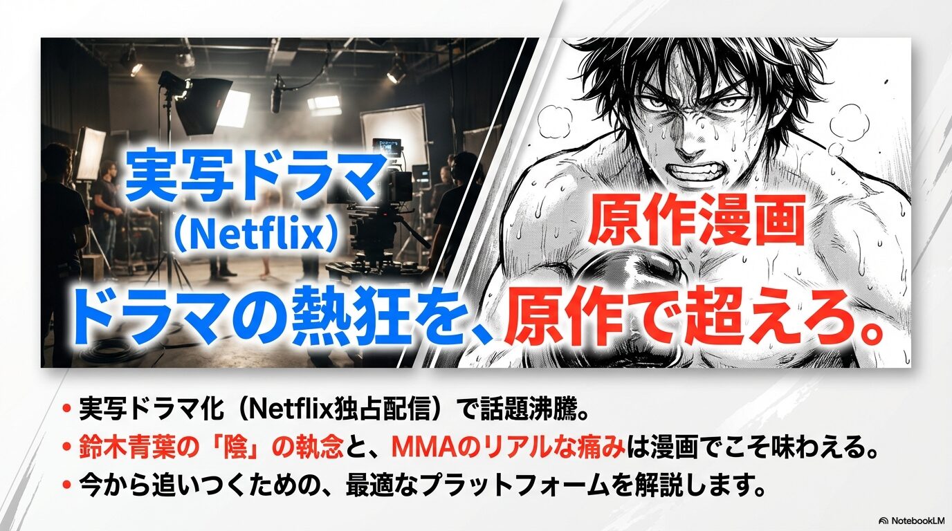 Netflixで配信中の実写ドラマ版レッドブルーと原作漫画のキャラクターが並んだ、メディア展開を紹介するスライド。