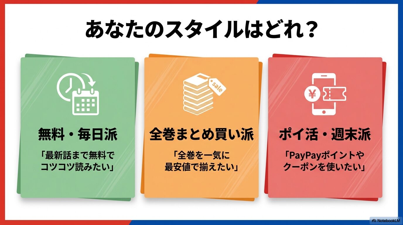 無料で毎日読みたい派、全巻まとめ買い派、ポイ活・週末派の3つのスタイルに分けたサービス選択の診断スライド。