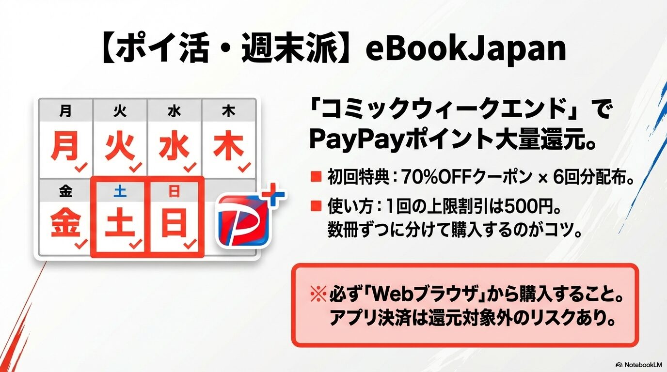金土日のコミックウィークエンドと、初回70%OFFクーポン×6回分の活用法を解説したeBookJapanの特典スライド。