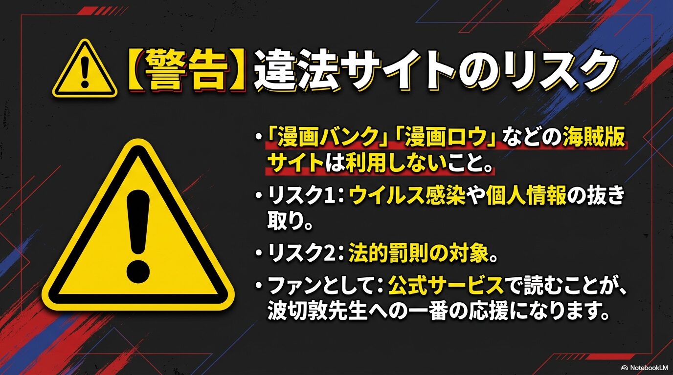 ウイルス感染や個人情報流出、法的罰則のリスクを警告し、公式サービスでの購読を推奨する注意喚起スライド。