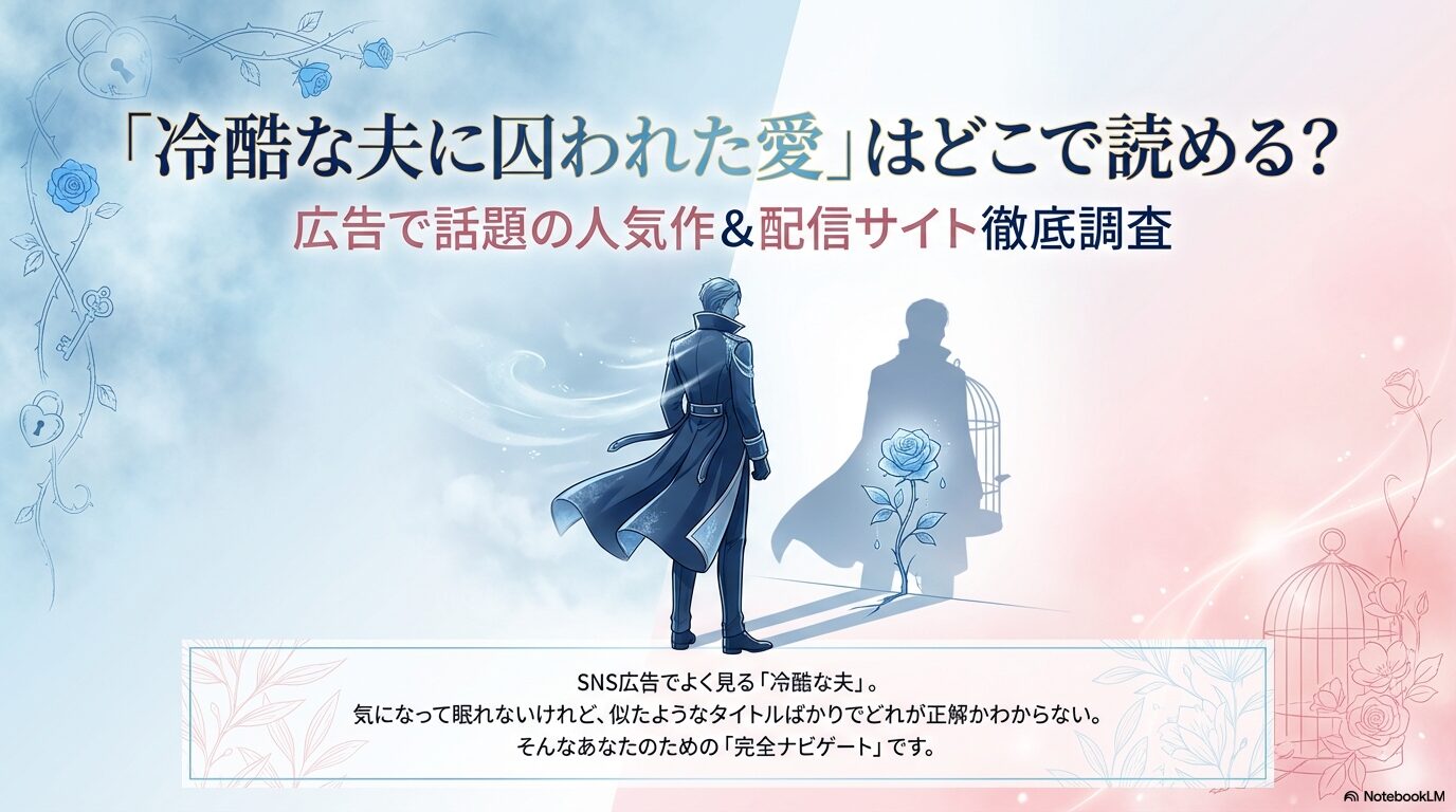 冷酷な夫に囚われた愛がどこで読めるか、広告で話題の人気作と配信サイトを調査したスライド資料の表紙