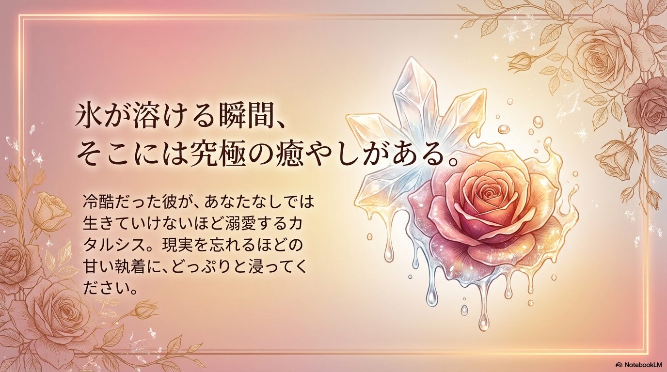 氷が溶ける瞬間の癒やし、執着愛にどっぷり浸るカタルシスを表現したスライドの締めくくり