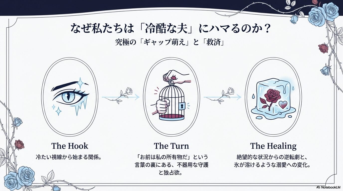 究極のギャップ萌えと救済、冷たい視線から溺愛への変化を解説したスライド資料