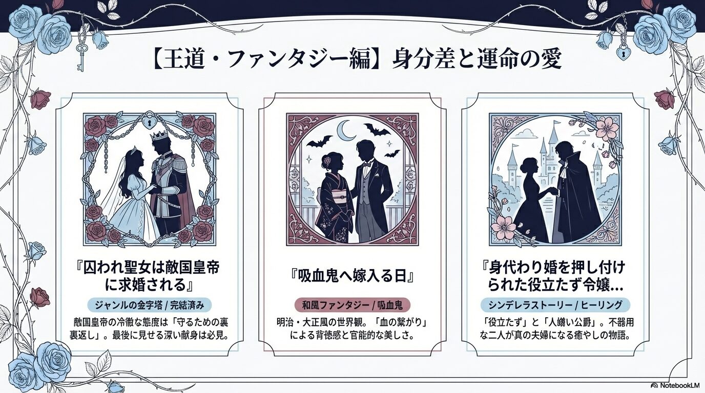 王道ファンタジー編。囚われ聖女は敵国皇帝に求婚されるの作品紹介と見どころをまとめたスライド