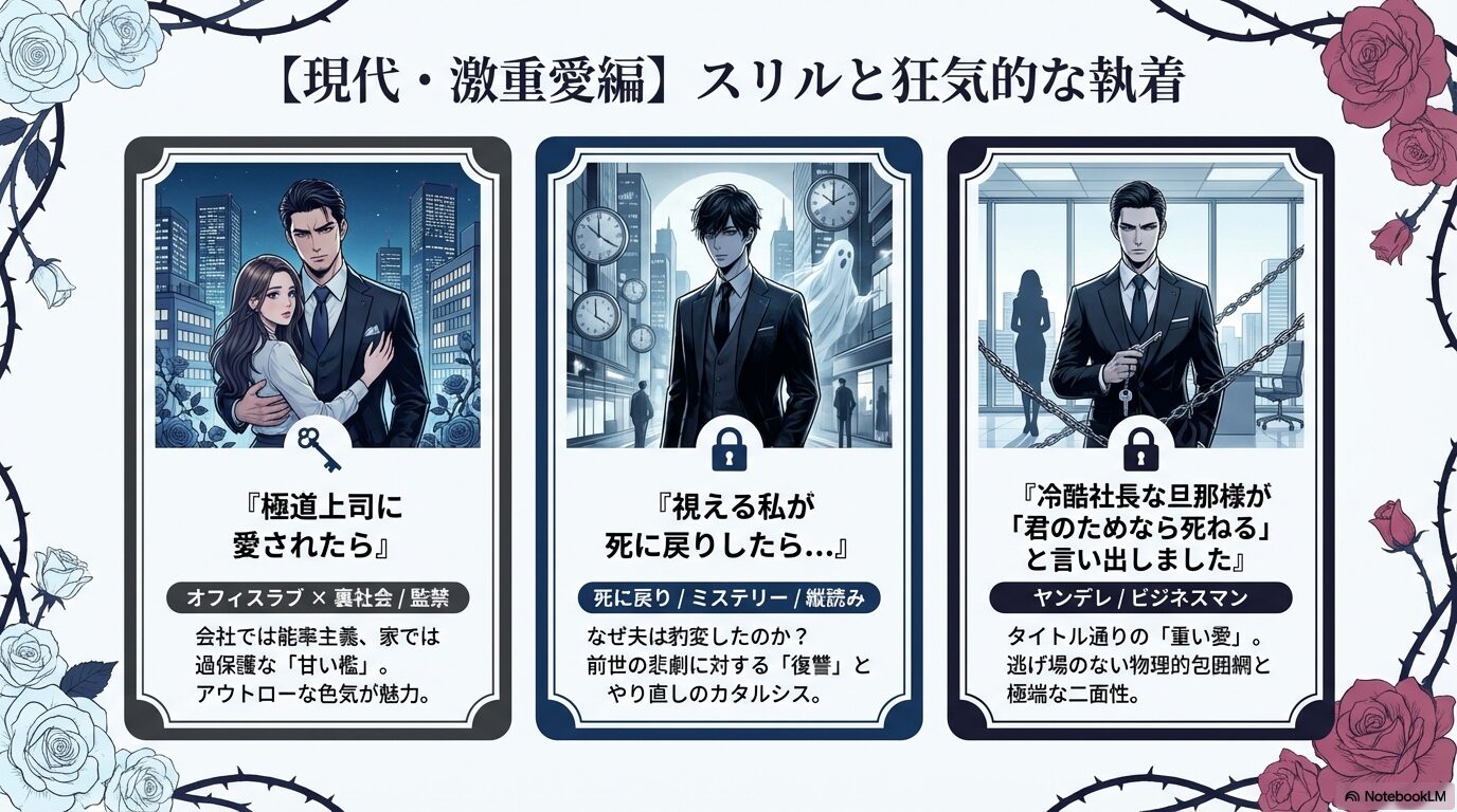 現代・激重愛編。極道上司に愛されたら、死に戻り、冷酷社長などの現代設定の作品をまとめたスライド