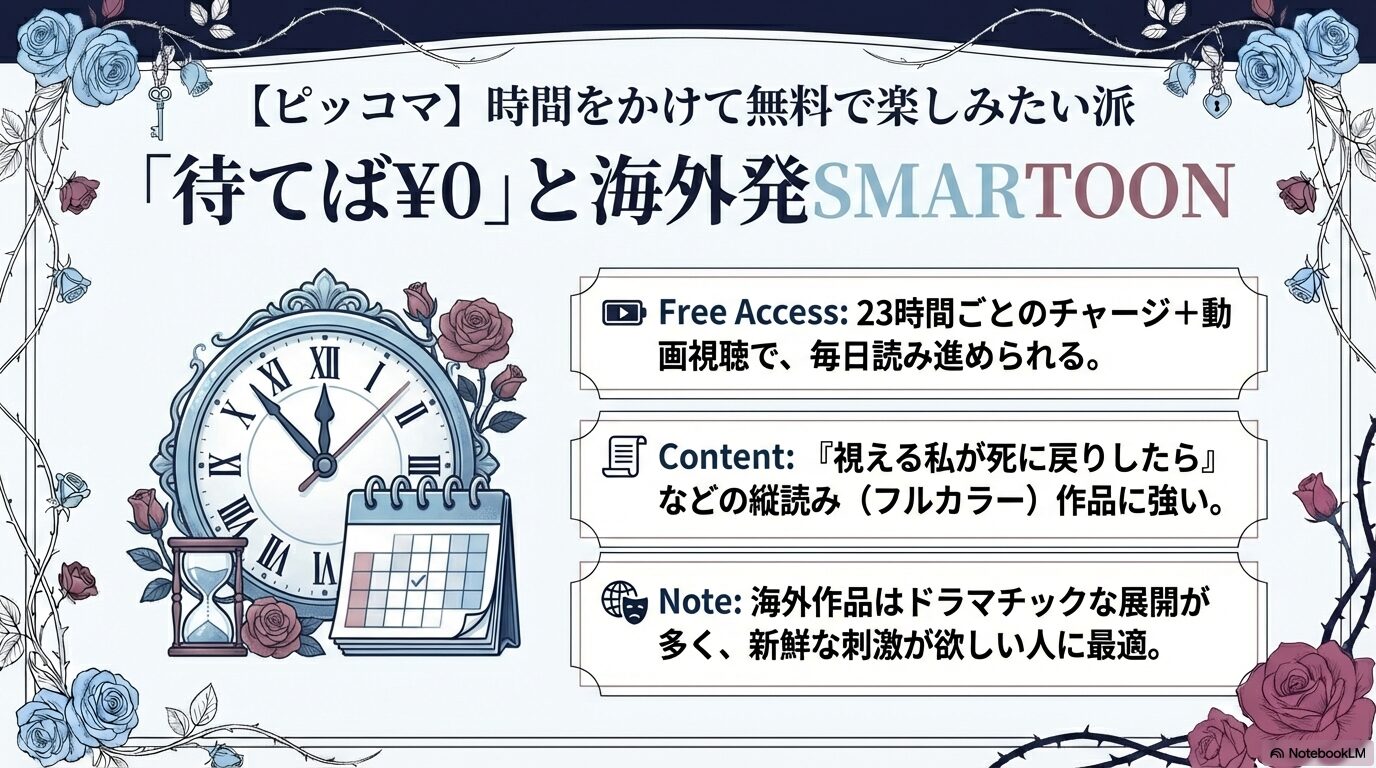 ピッコマの待てば0円機能や海外発SMARTOON作品の魅力を紹介したスライド