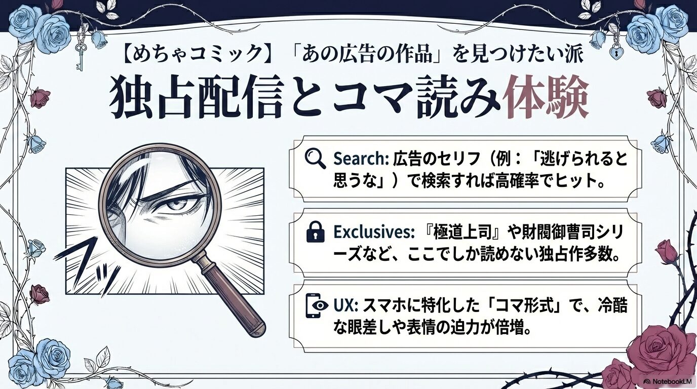 広告のセリフ検索や独占配信作品、コマ読み体験の迫力を解説したスライド