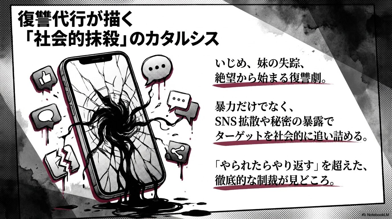 いじめや妹の失踪から始まる復讐劇と、SNS拡散などによる社会的抹殺の制裁を描いたイメージ図。