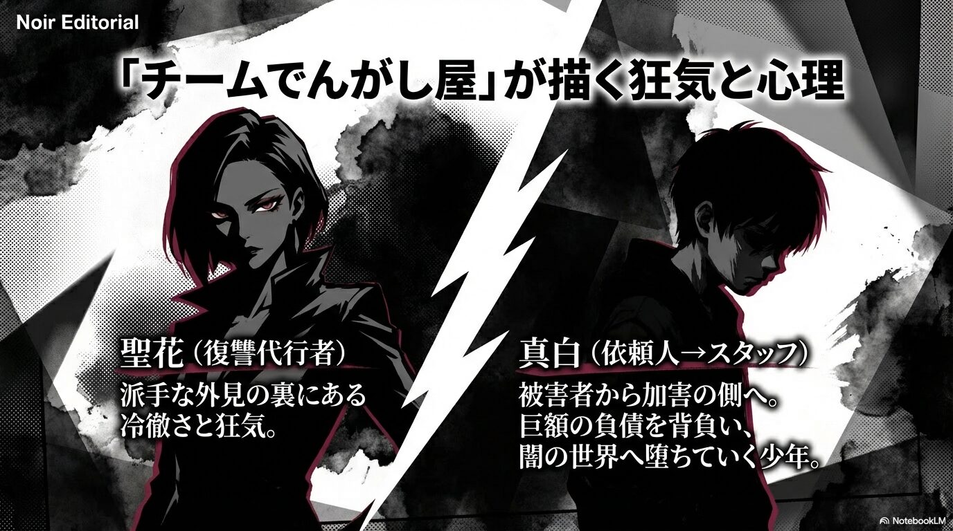 復讐代行者の聖花と、依頼人からスタッフへと変貌していく主人公・真白のキャラクター解説。