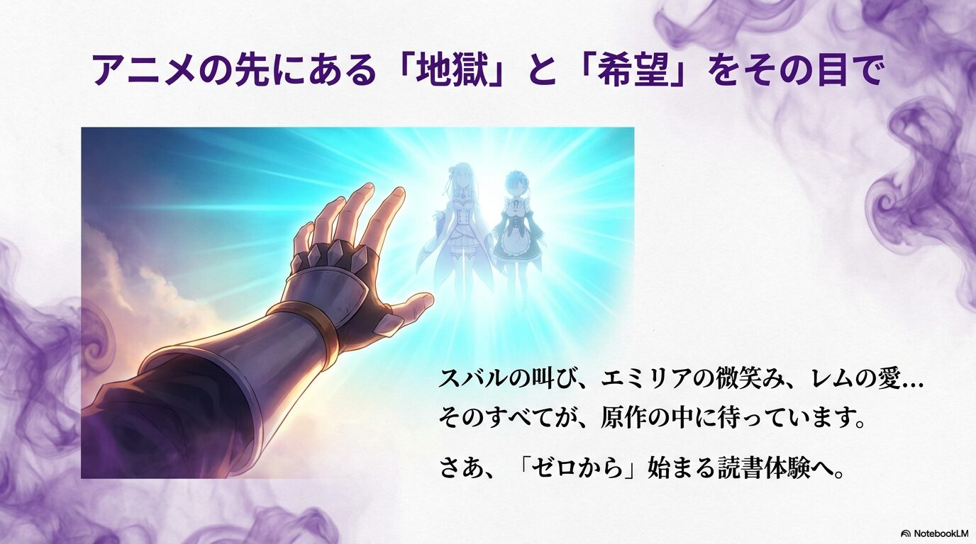 : スバルの叫びやエミリアの微笑みが待つ、リゼロ原作の世界への招待メッセージが書かれたまとめスライド。